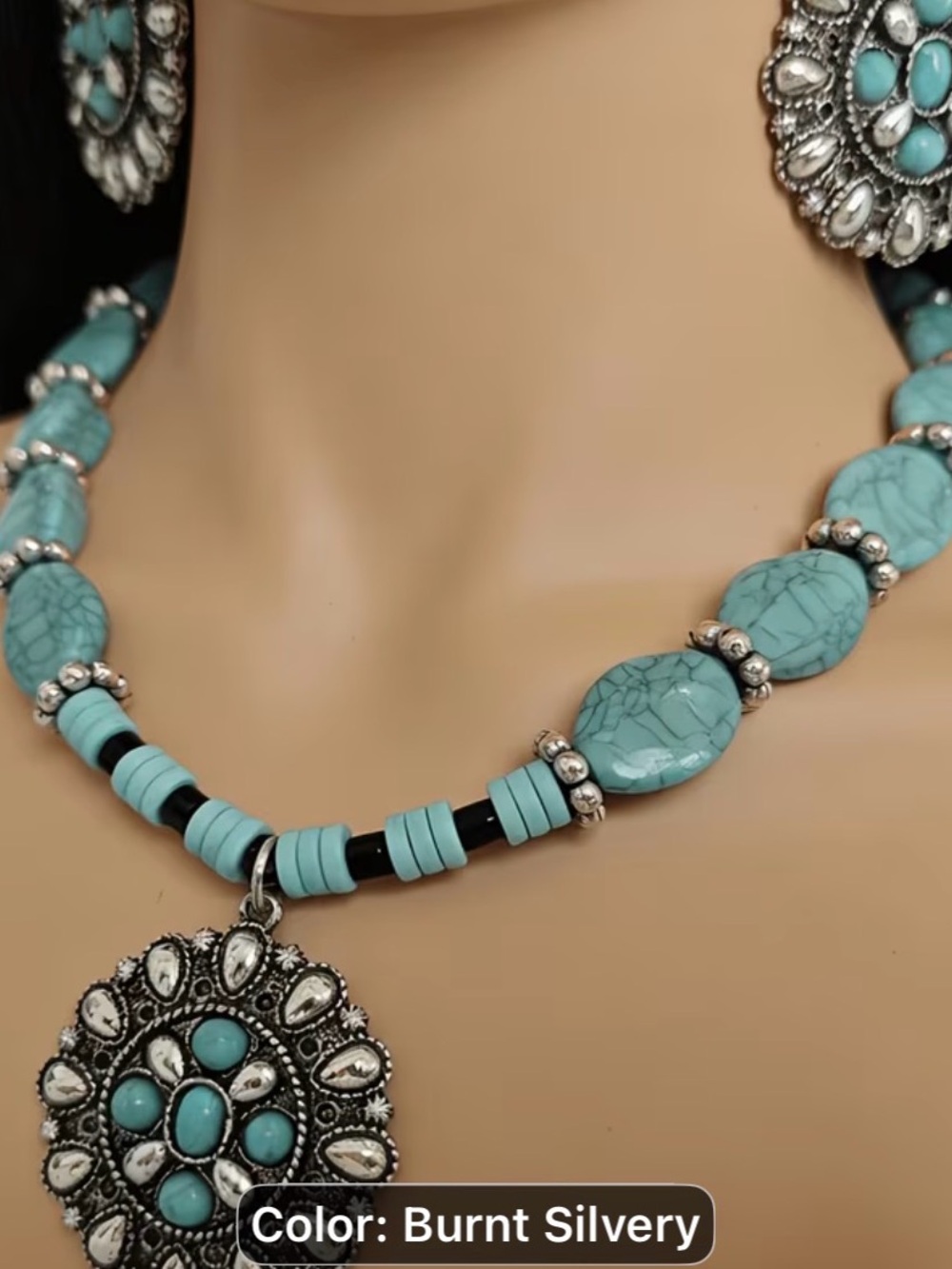 3PCS Western Cowboy style Distressed Silvery Turquoise Beaded Necklace set